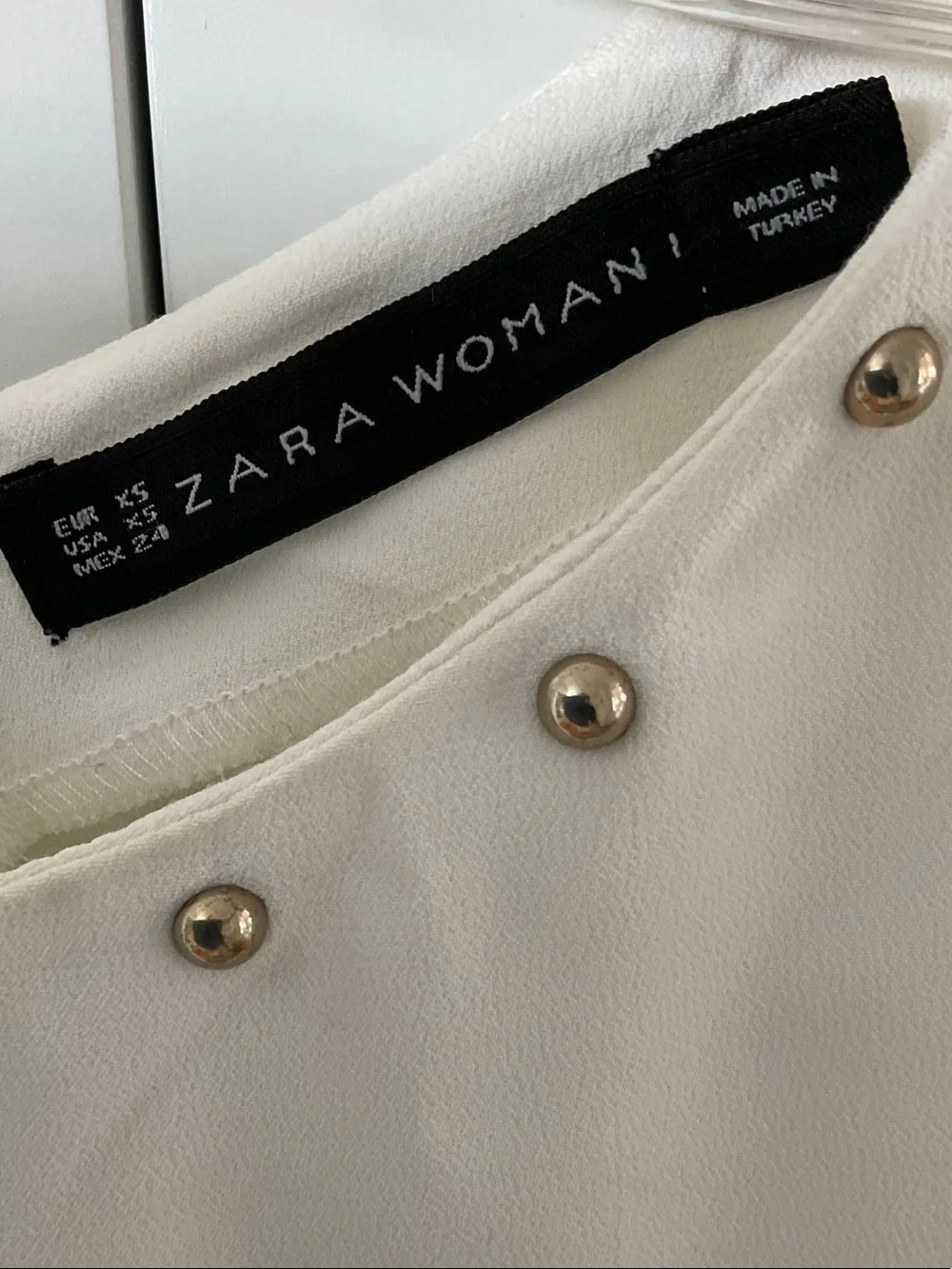 Zara Cream White Long-Sleeve Blouse with Studded Neckline